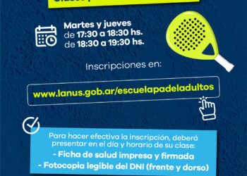 LANÚS GOBIERNO INVITA A PARTICIPAR DE LAS CLASES GRATUITAS DE LA ESCUELA MUNICIPAL DE PÁDEL  